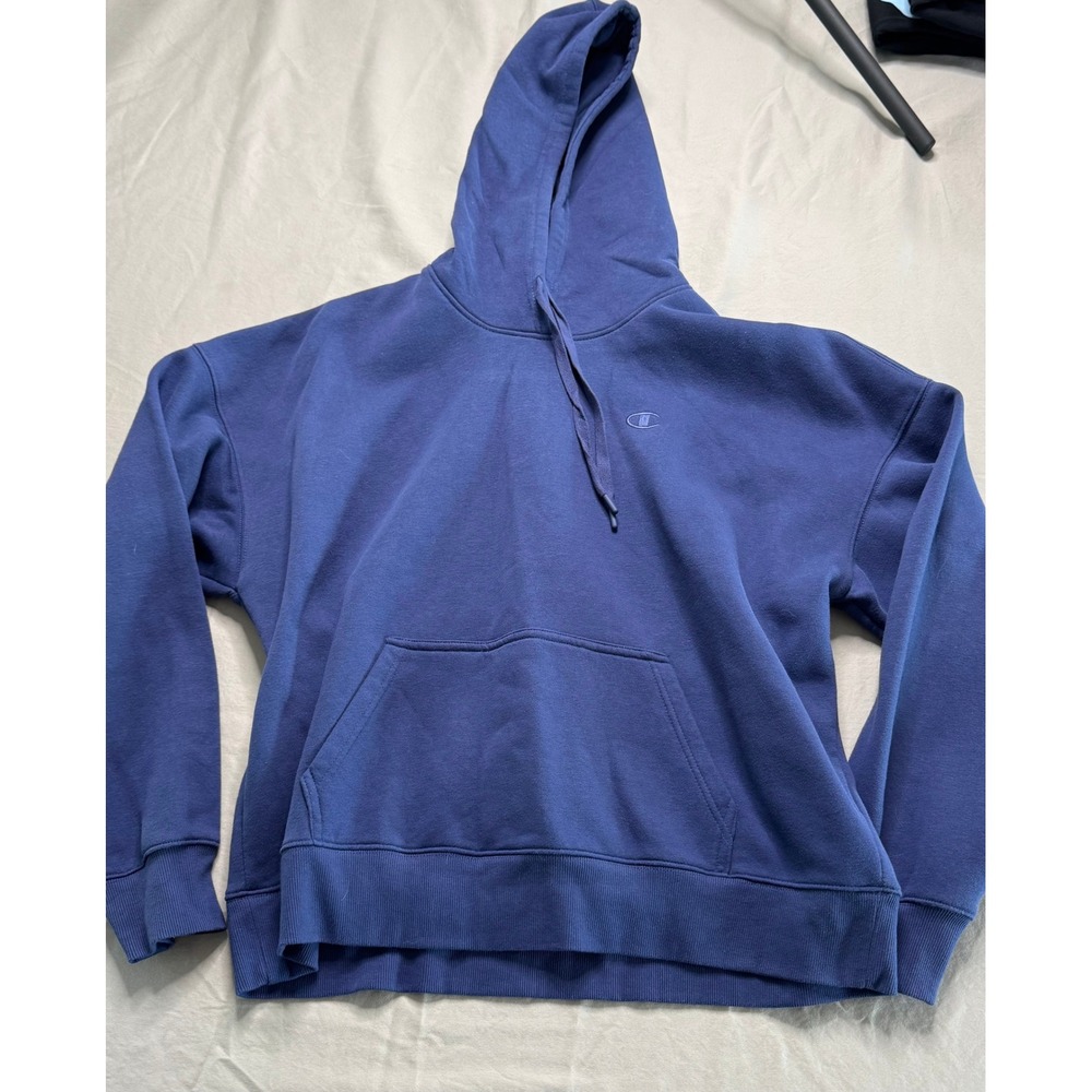 Champion Navy Blue Fleece Pullover Hoodie Embroidered Logo Large
